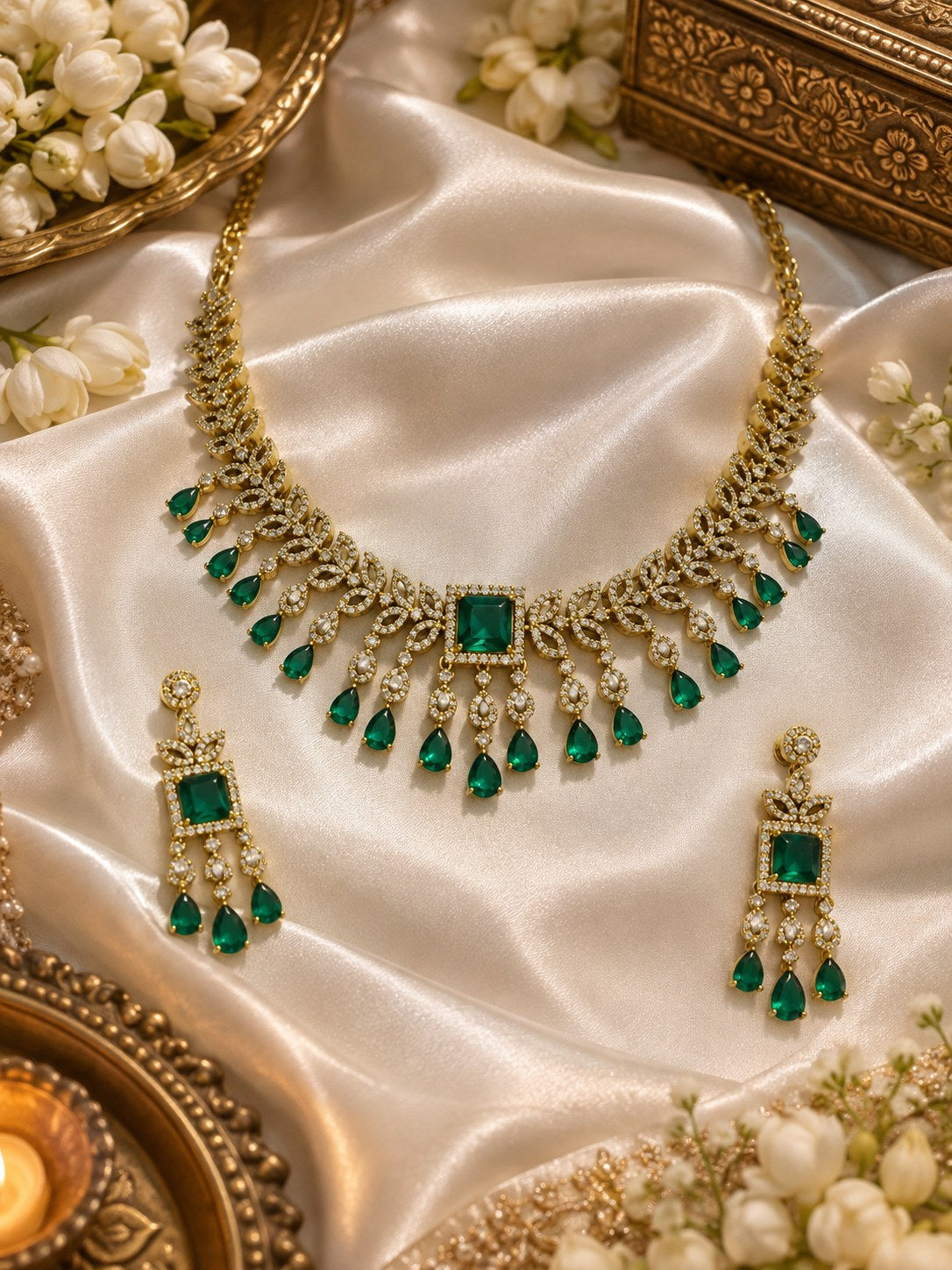Elegant Gold & Green American Diamond Short Necklace Set