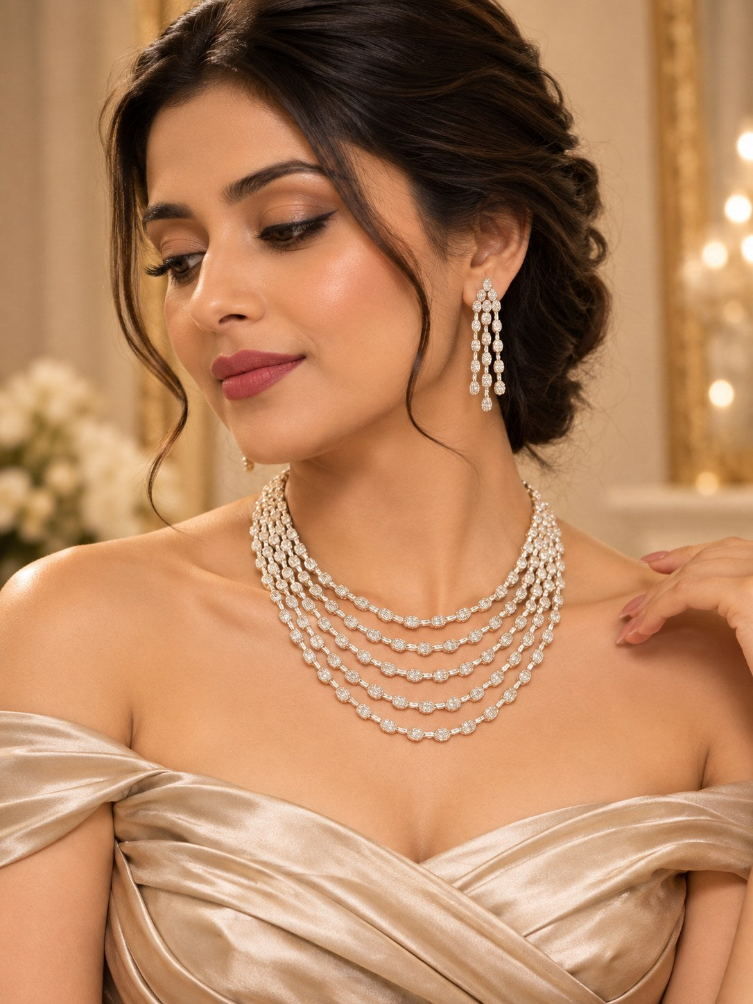 Elegant Silver Premium Zircon Layered Necklace Set