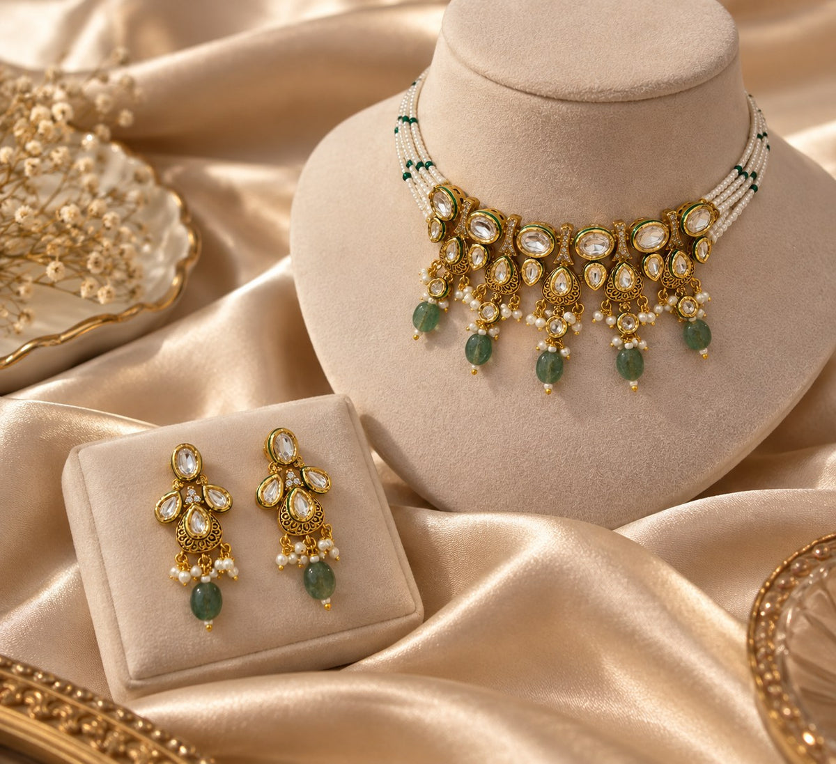 Elegant Green & White Kundan Pearl Choker Set