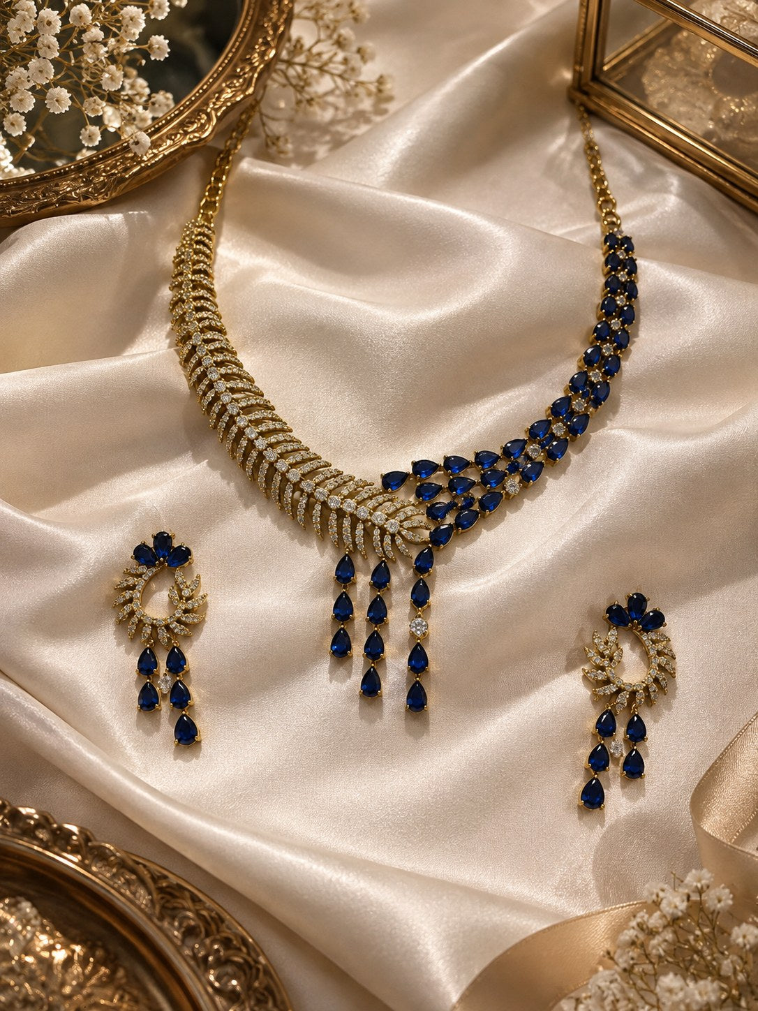 Elegant Blue American Diamond Short Necklace Set