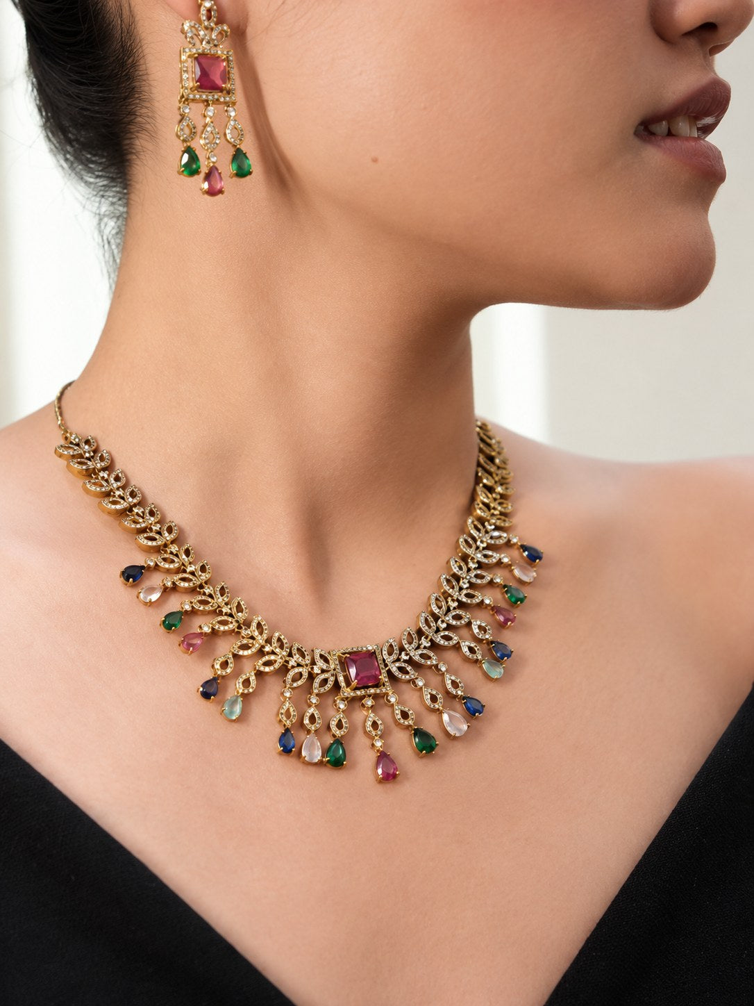 Elegant Gold & White American Diamond Bridal Necklace Set