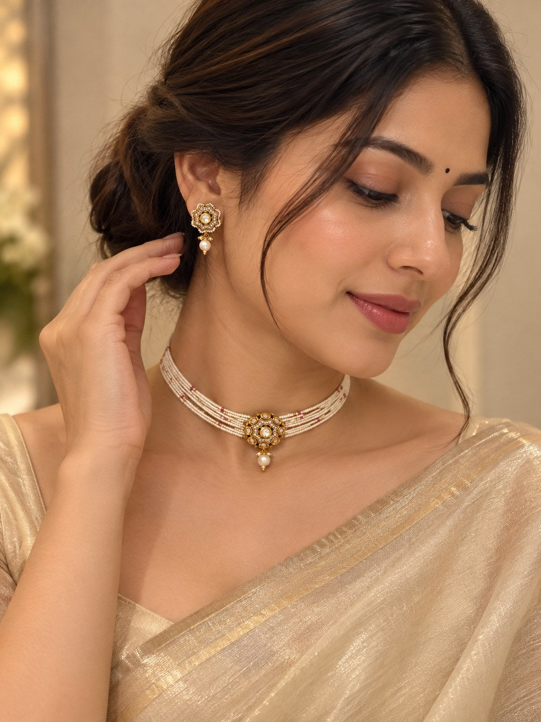Elegant Golden & White Kundan Pearl Choker Set