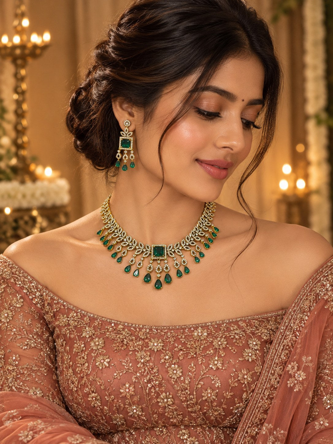 Elegant Gold & Green American Diamond Short Necklace Set