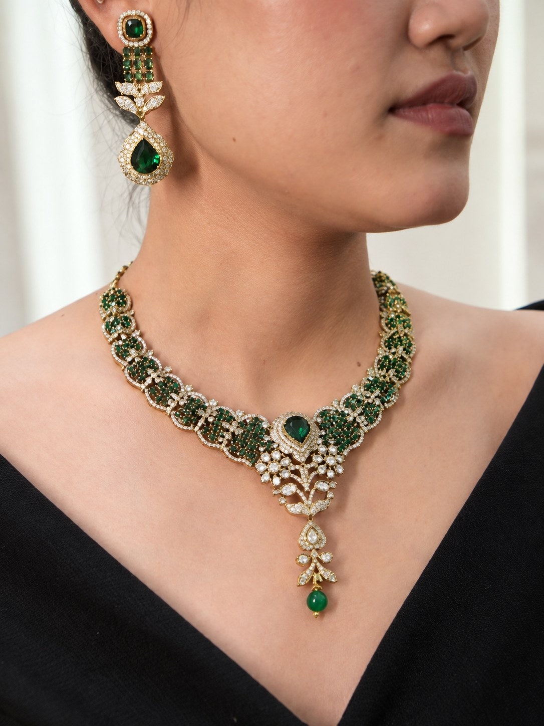 Royal Green & Gold Victorian Statement Necklace Set