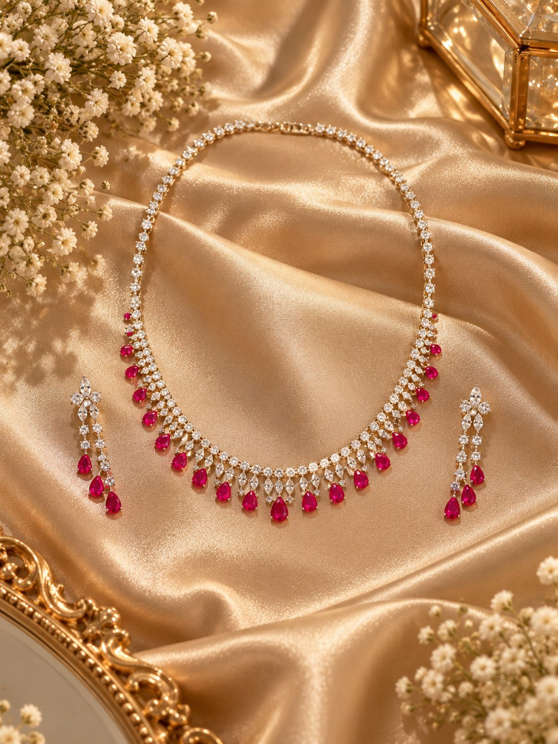 Elegant Pink Premium Zircon Silver Necklace Set