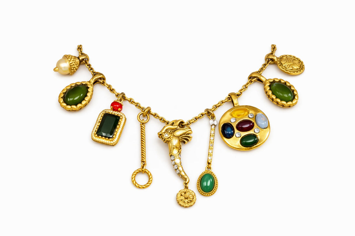 Artistic eclectic charm chain necklace with earrings
