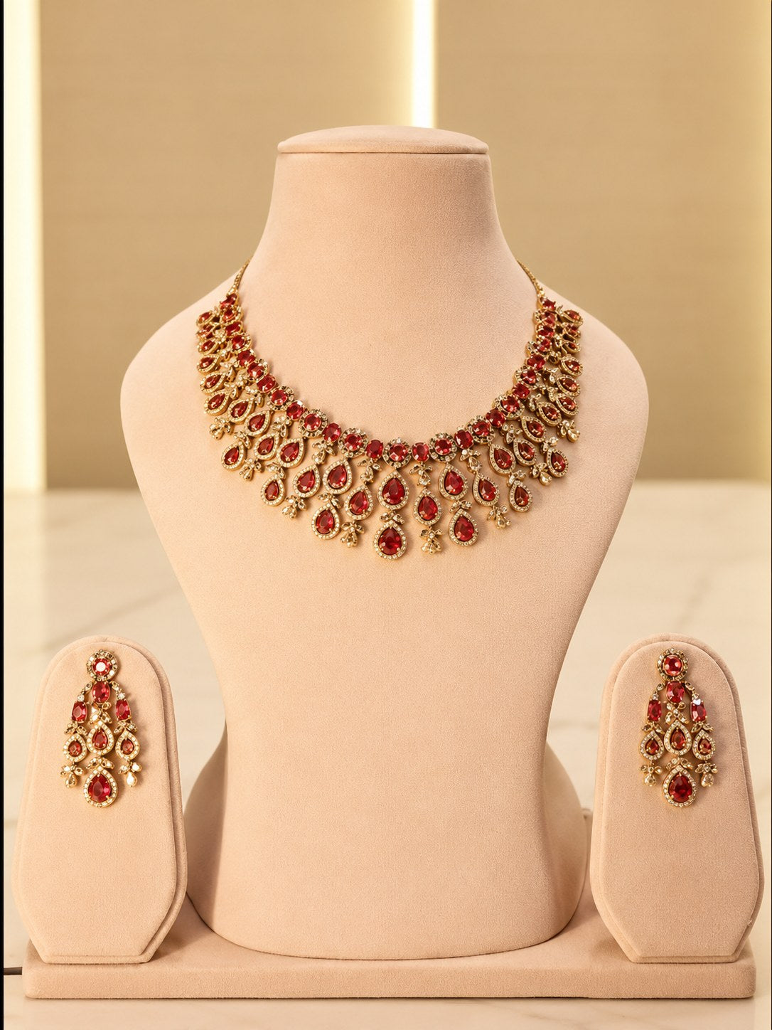Short Necklace set American Diamond Bridal Statement, Cocktail Evenings, Gifting Favourites Red