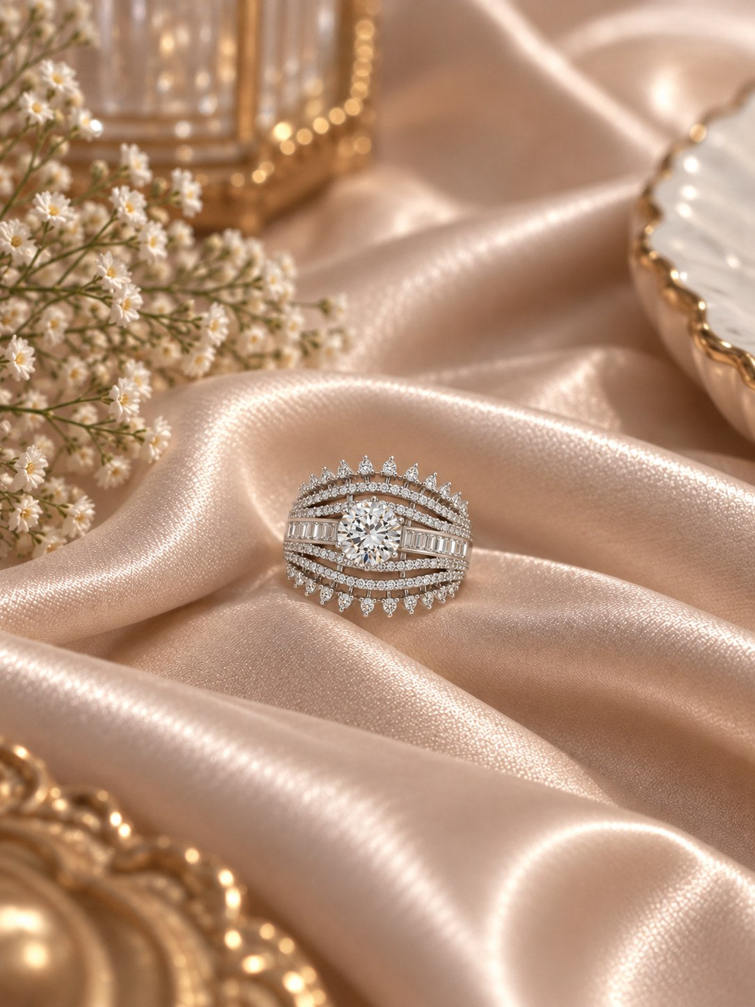 Regal Silver Crystal Statement Ring