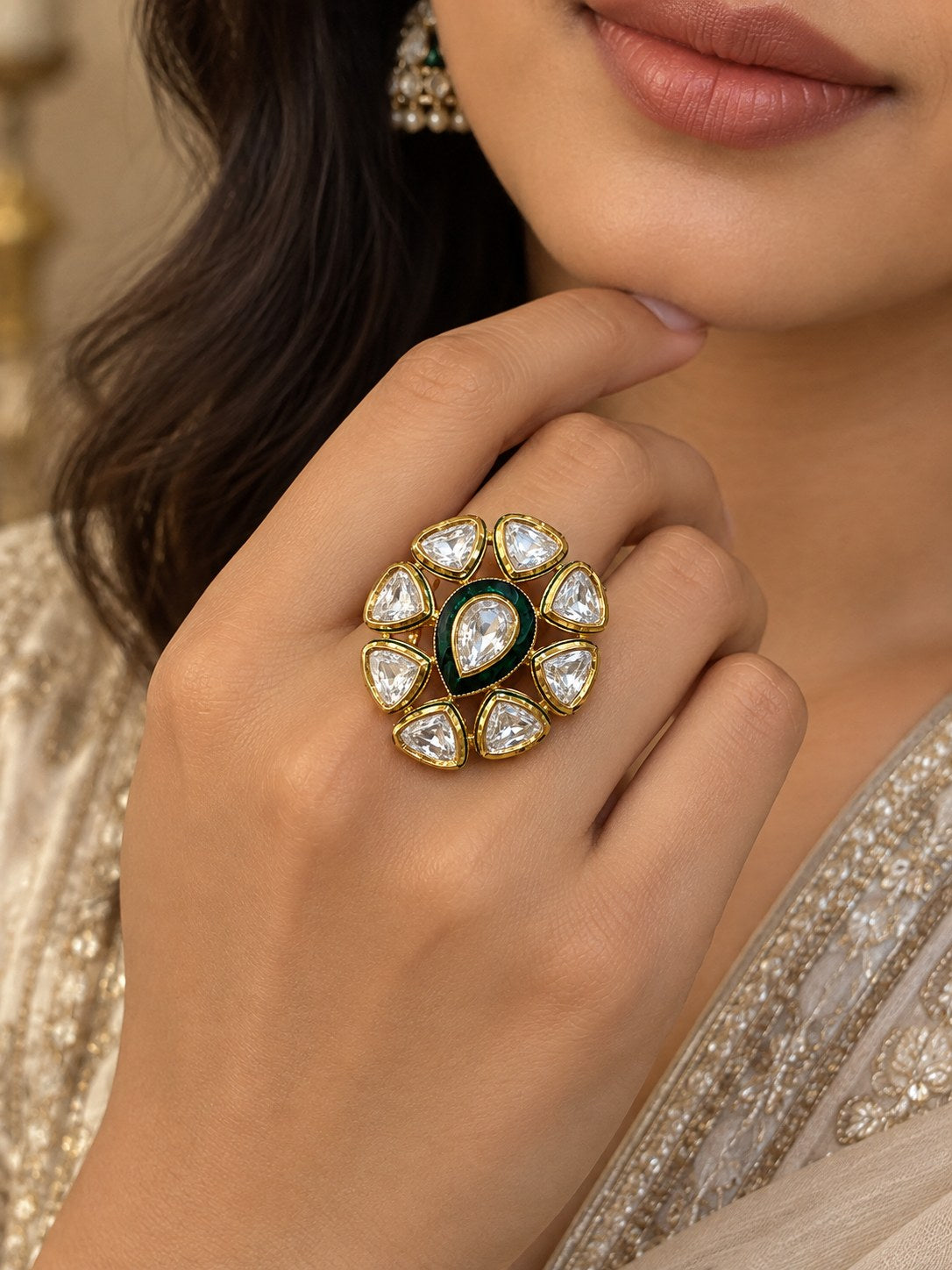 Regal Green Antique Gold Statement Ring