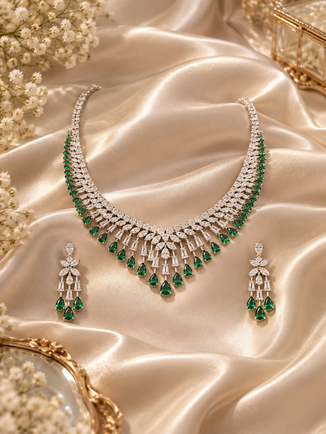 Regal Green Premium Zircon Silver Necklace Set