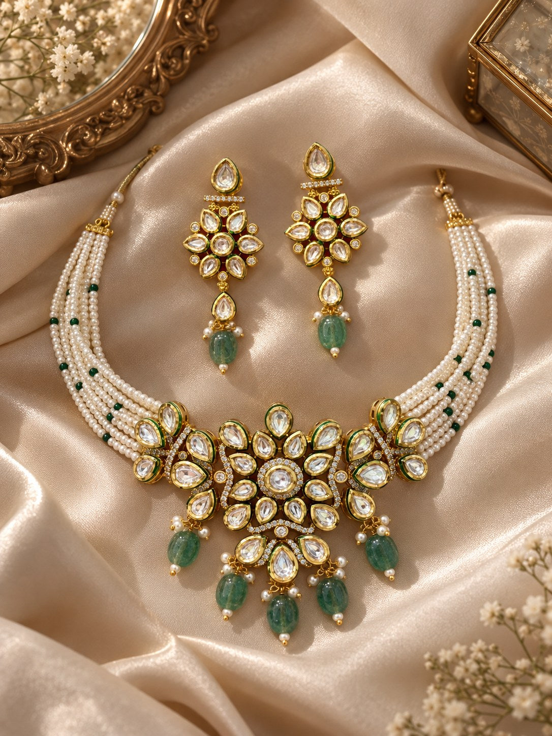 Elegant White & Green Kundan Pearl Choker Set