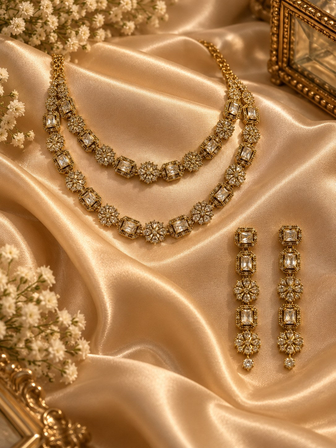 Elegant Antique Gold American Diamond Layered Necklace Set
