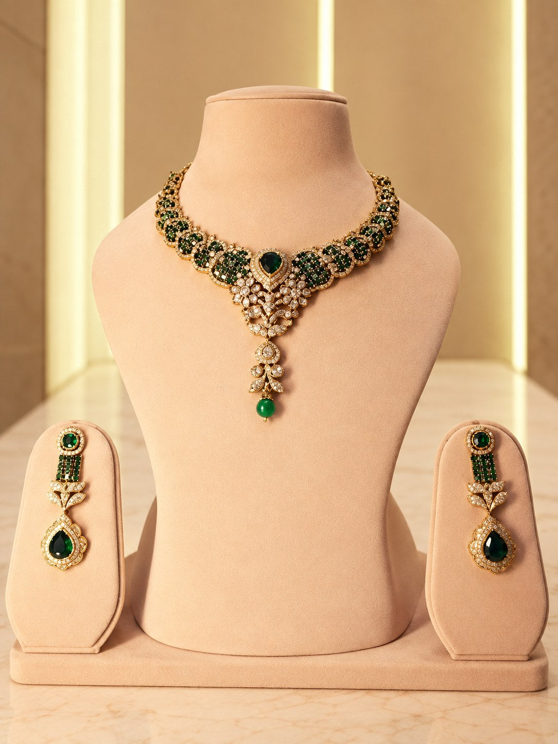 Royal Green & Gold Victorian Statement Necklace Set