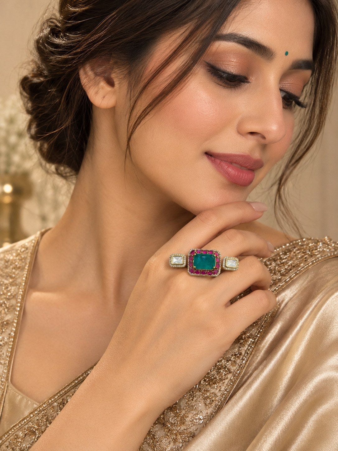 Regal Emerald Green & Pink Statement Ring