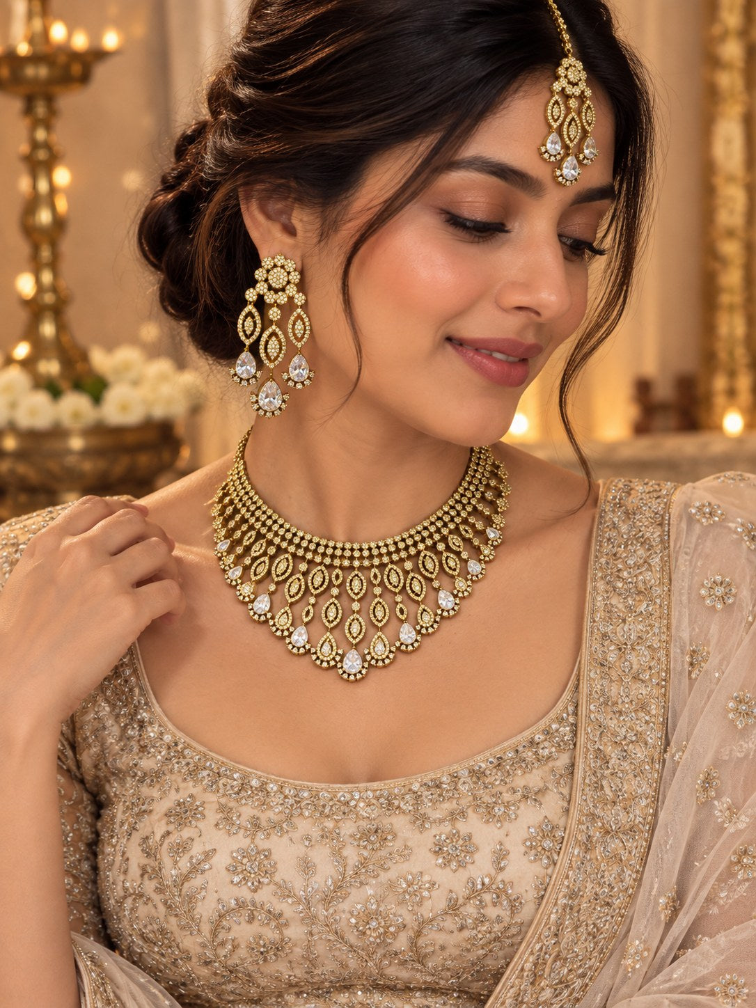 Royal Gold & White American Diamond Bridal Necklace Set