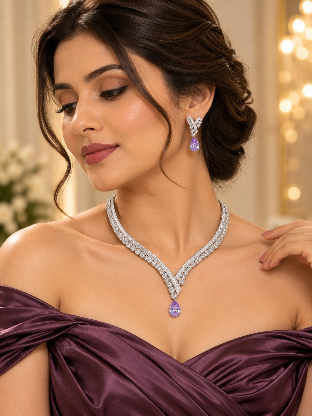 Elegant Purple Premium Zircon Silver Necklace Set