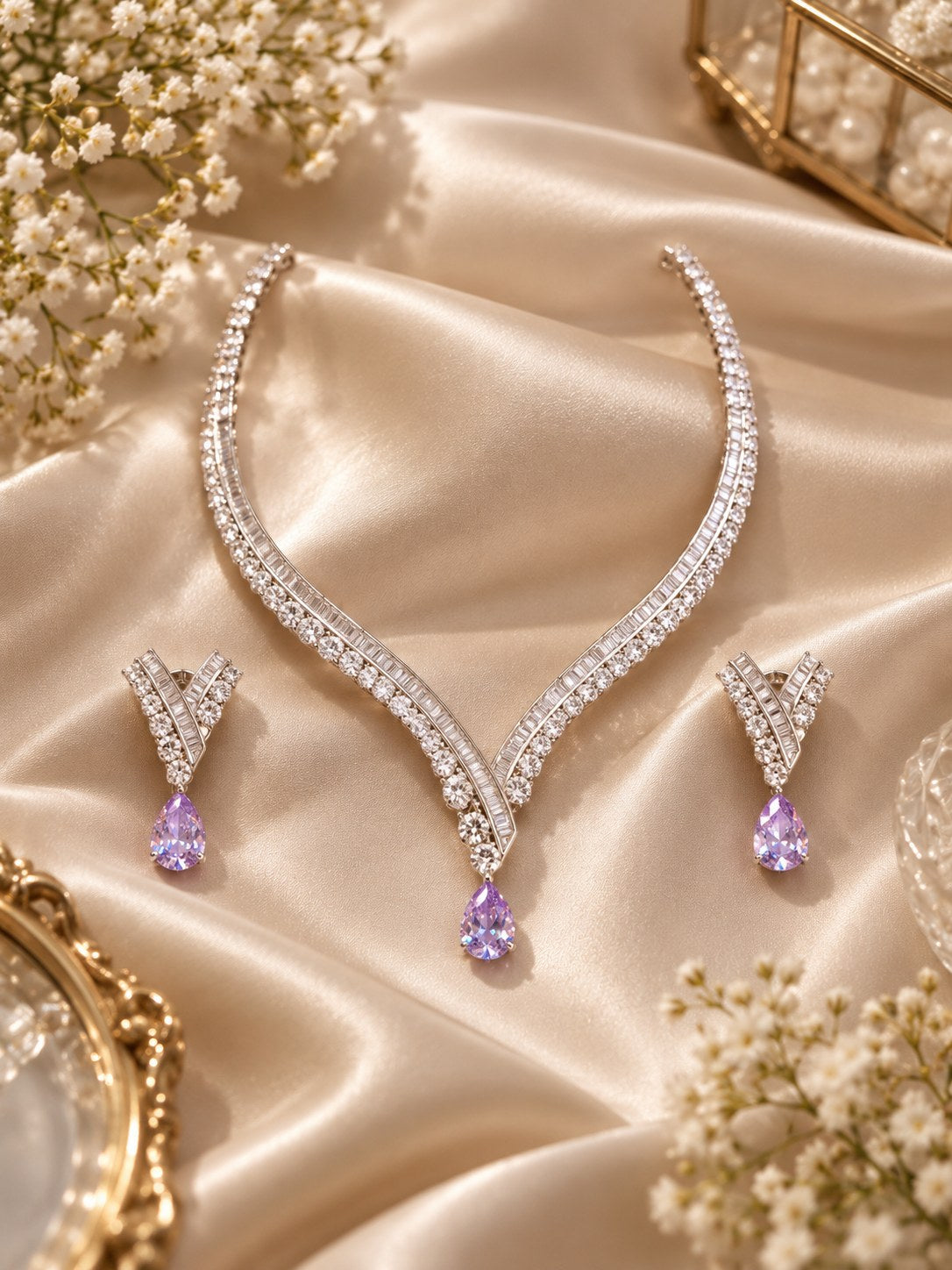 Elegant Purple Premium Zircon Silver Necklace Set