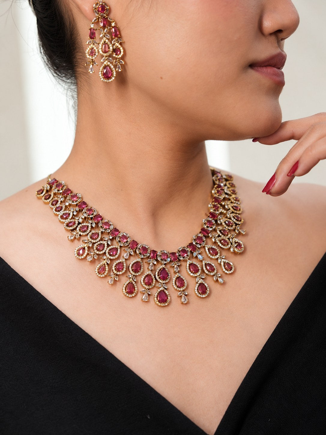 Short Necklace set American Diamond Bridal Statement, Cocktail Evenings, Gifting Favourites Red