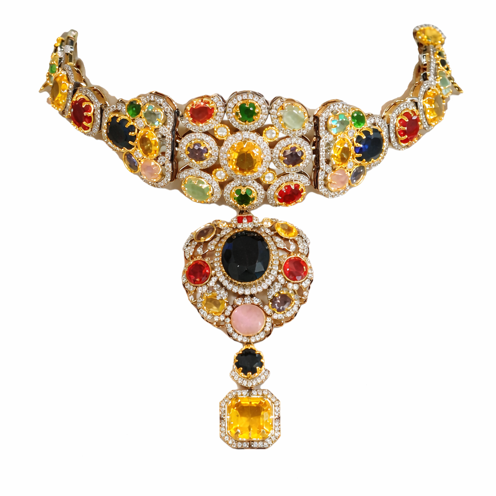 Bold centerpiece ethnic choker with multicolour drop earrings
