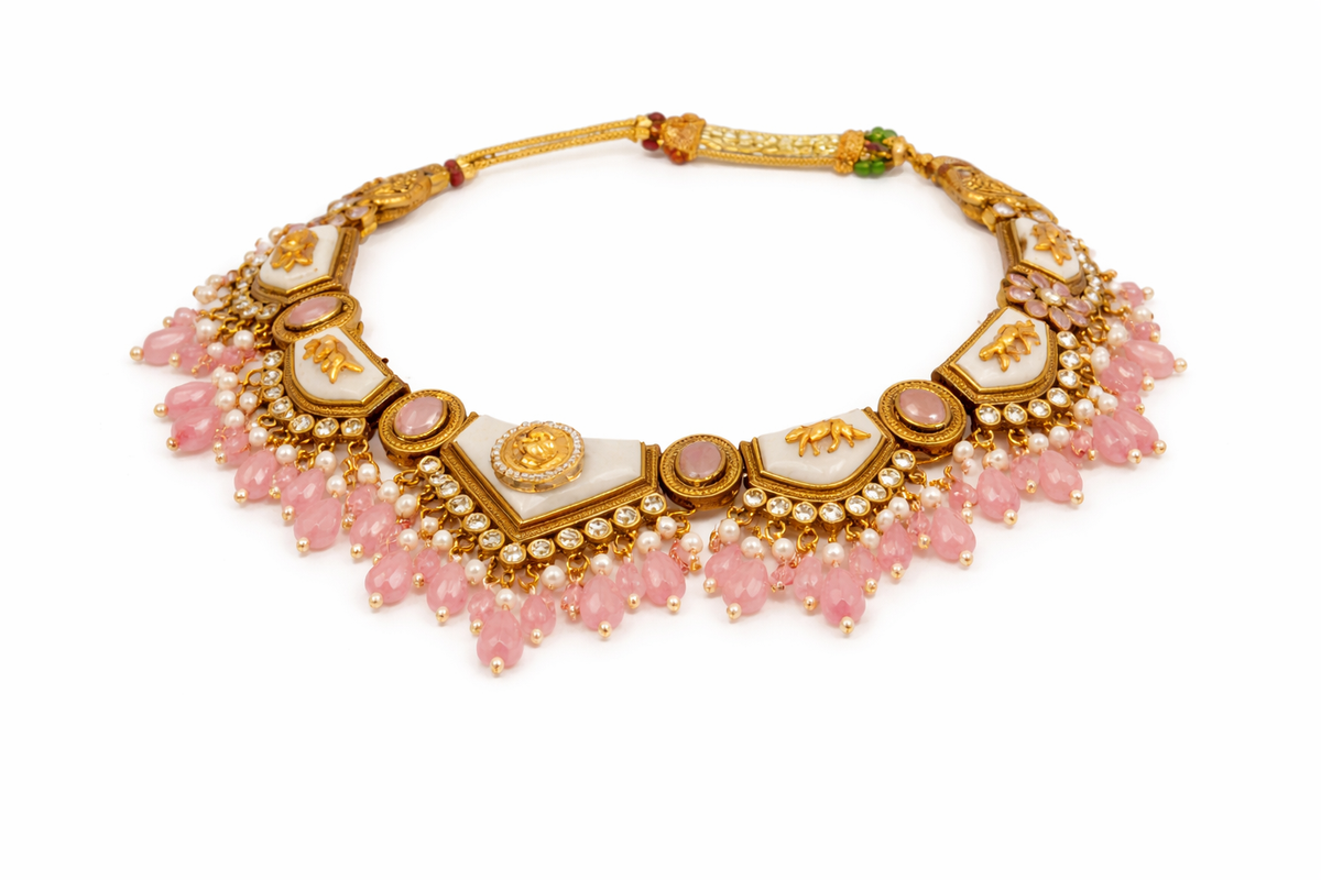 Soft pink beaded statement choker necklace with earrings