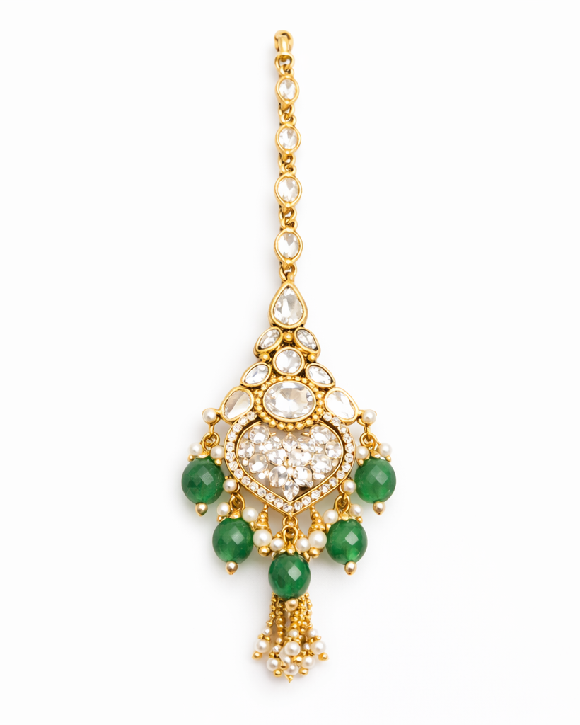 Elegant victorian fringe detailed choker with statement earrings and maangtika