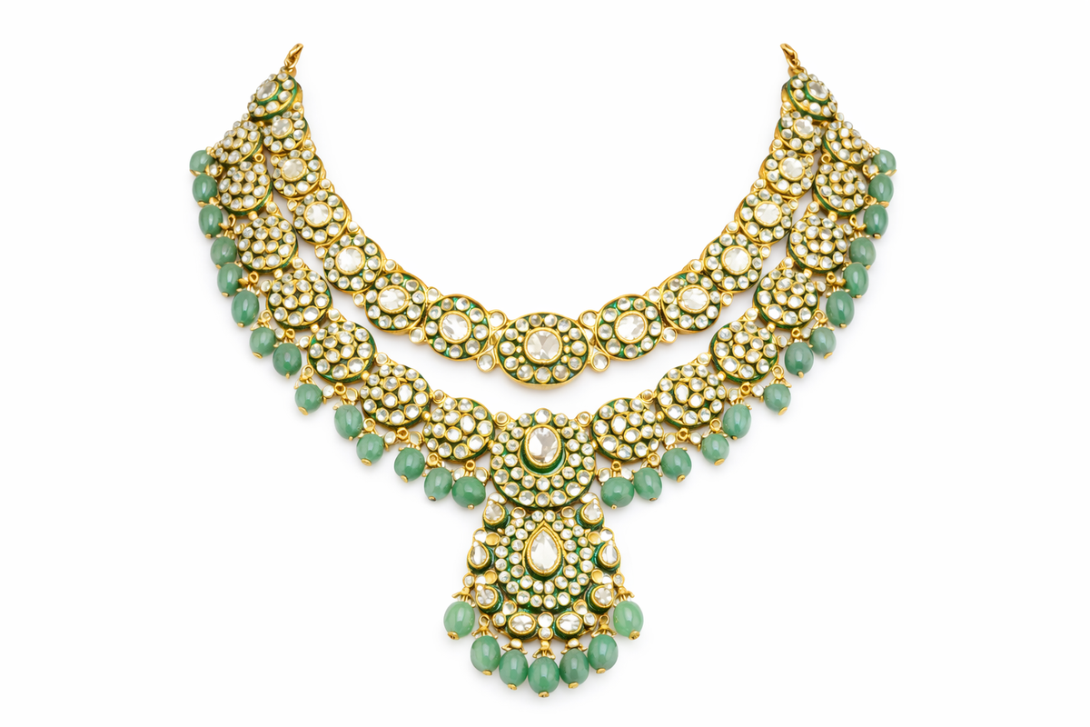 Mint green polki statement necklace with chandelier earrings