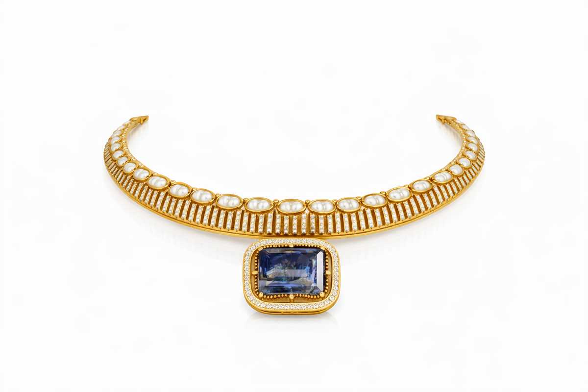 Classic blue stone collar necklace with statement earrings