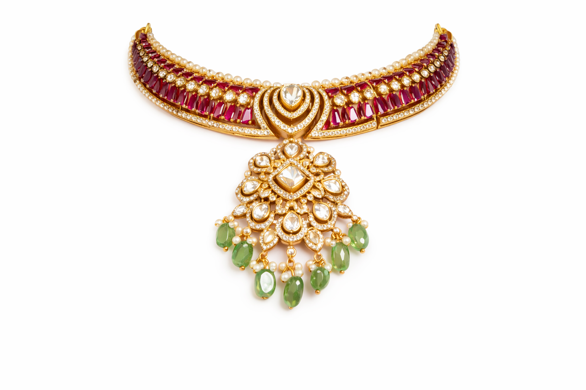 Temple inspired gemstone collar necklace with earrings