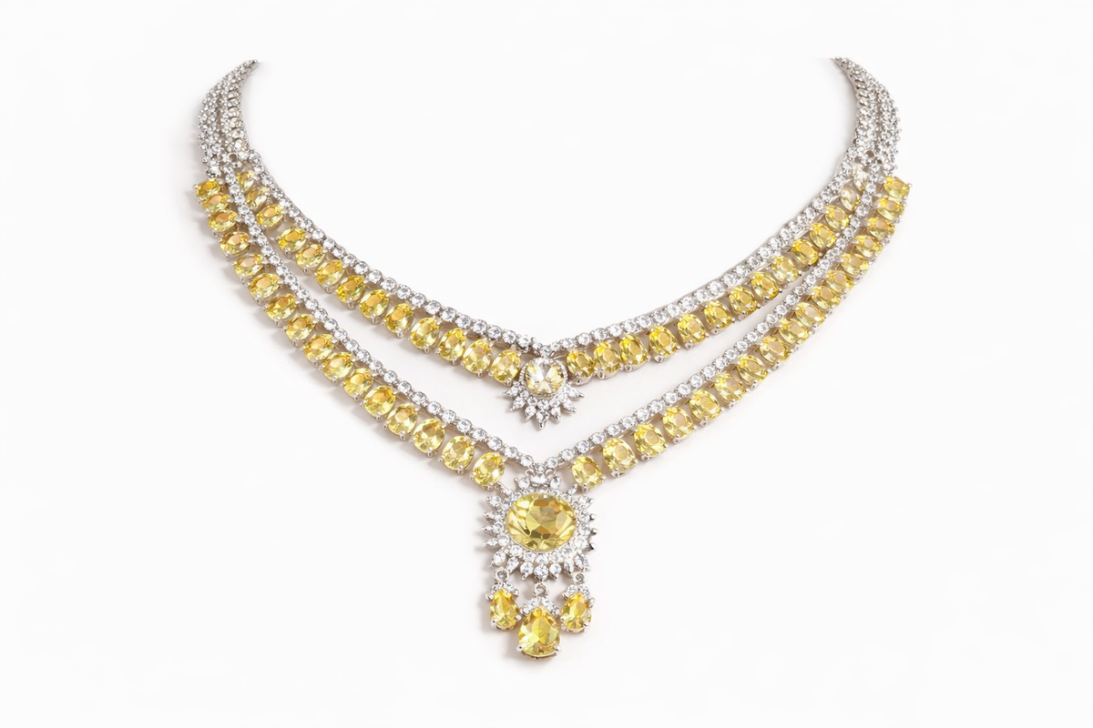Yellow stone AD layered necklace with earrings