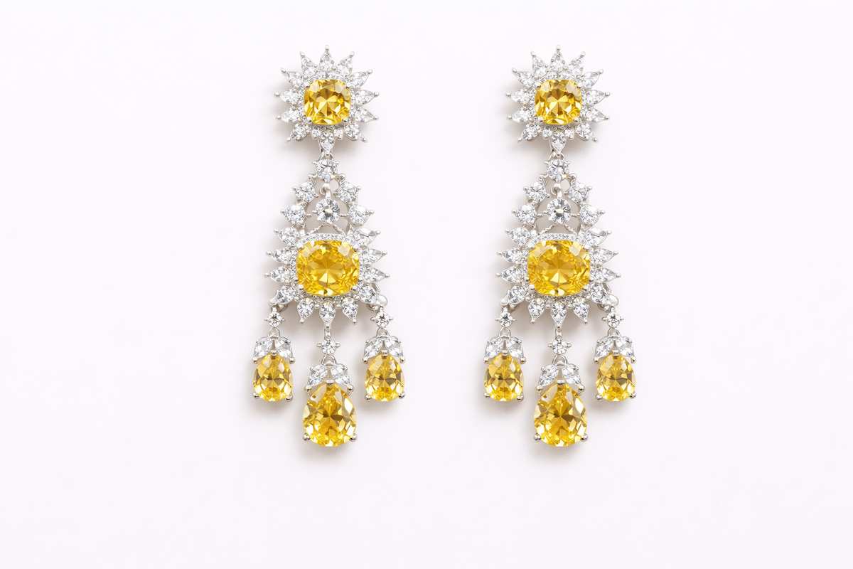 Yellow stone AD layered necklace with earrings