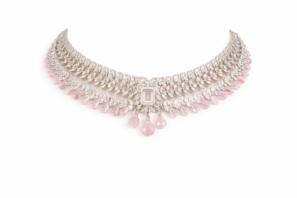Silver finish pink drop collar with chandelier danglers