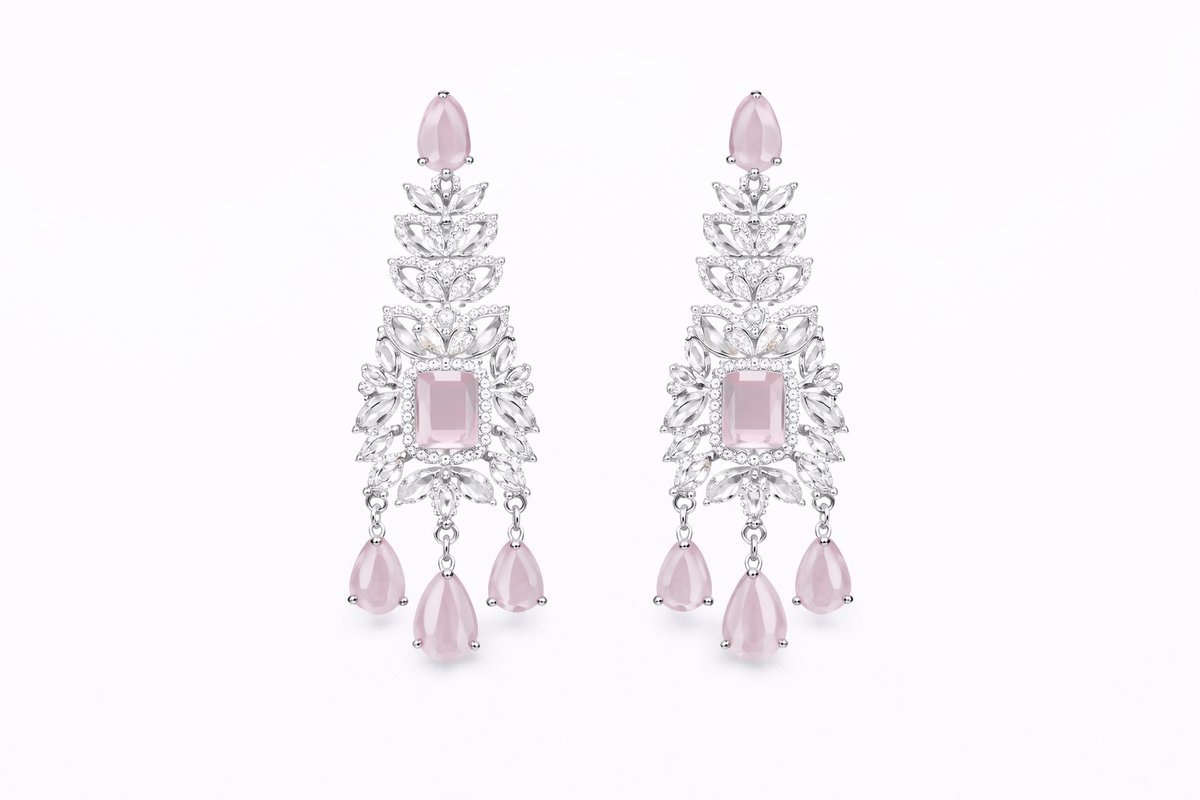 Silver finish pink drop collar with chandelier danglers