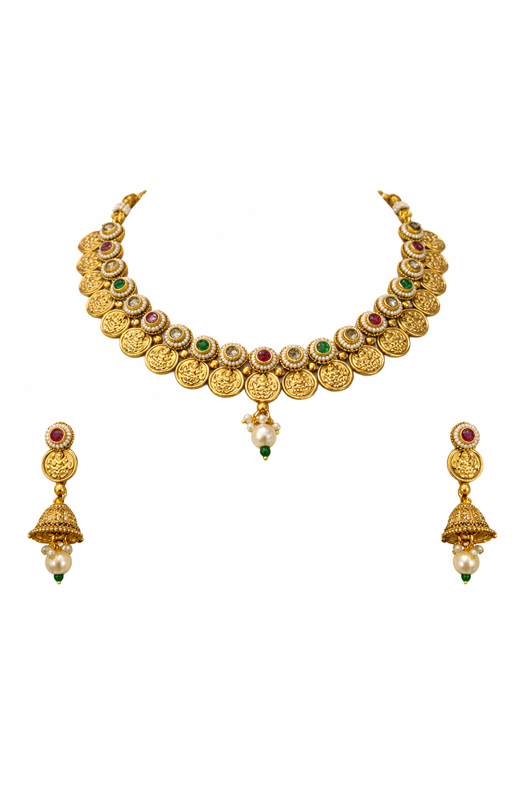Antique gold coin choker and jhumka set