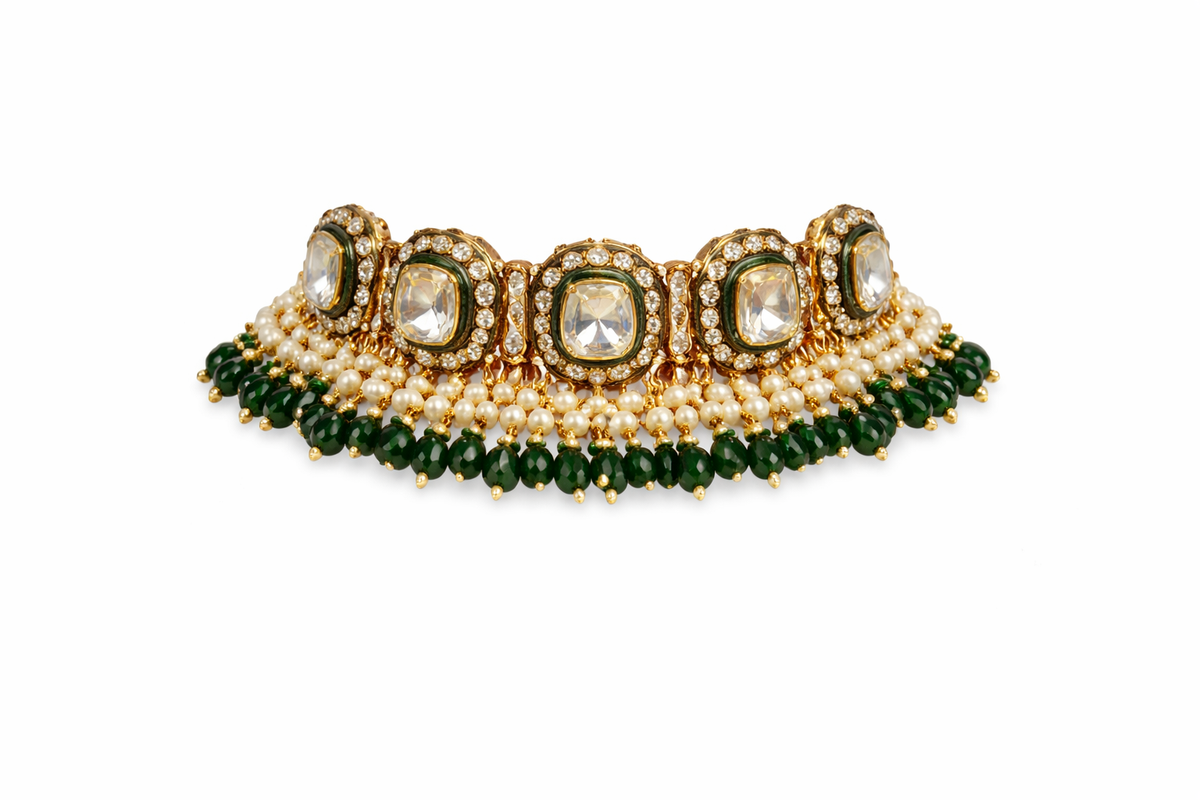 Emerald Fringe Kundan Bridal Set