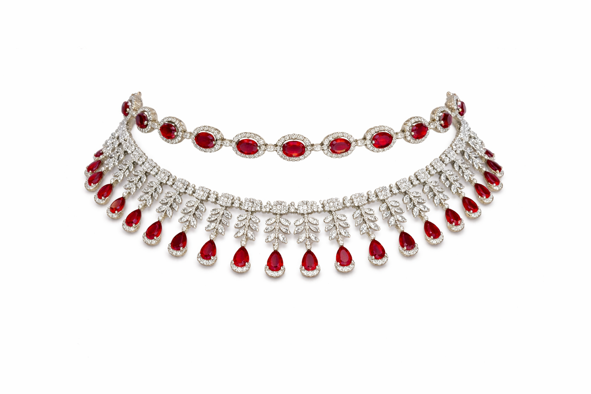 Silver finish red AD necklace with earrings