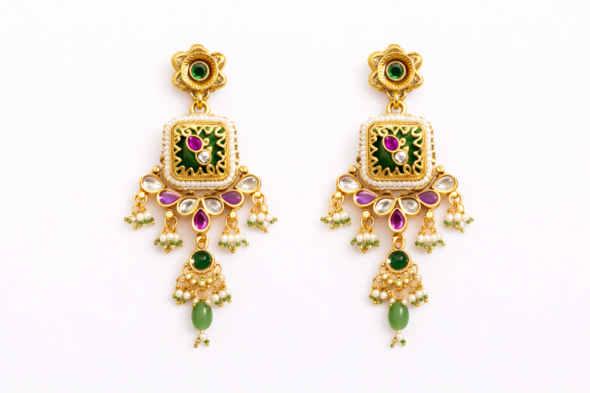Heritage motif handcrafted temple necklace with earrings