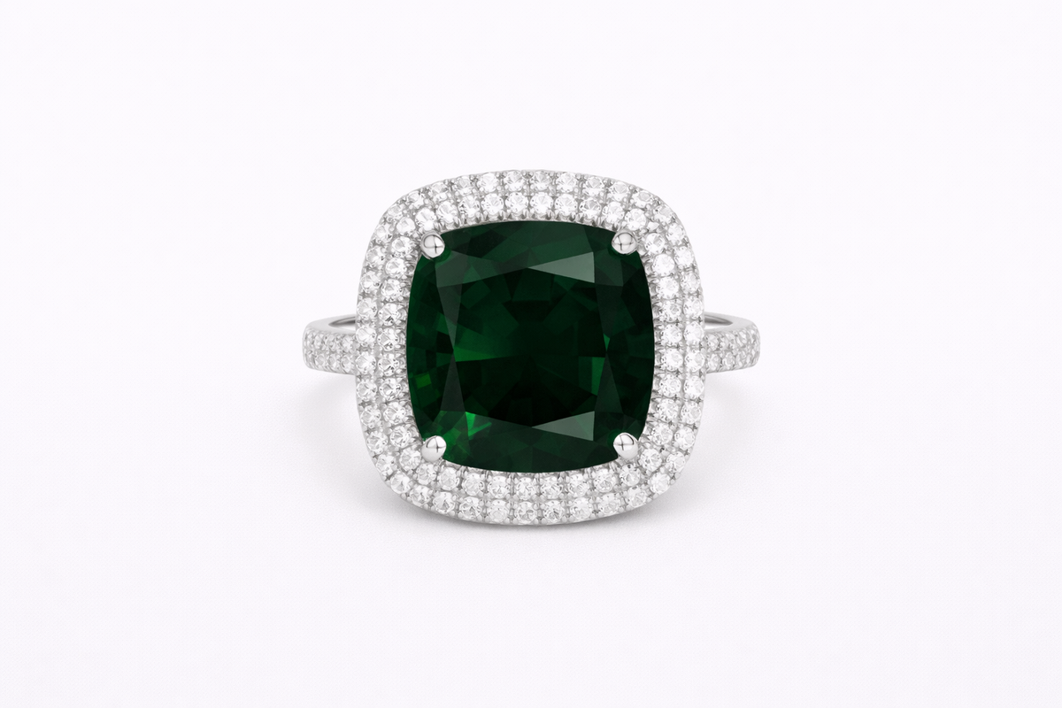 Emerald green cushion cut statement ring