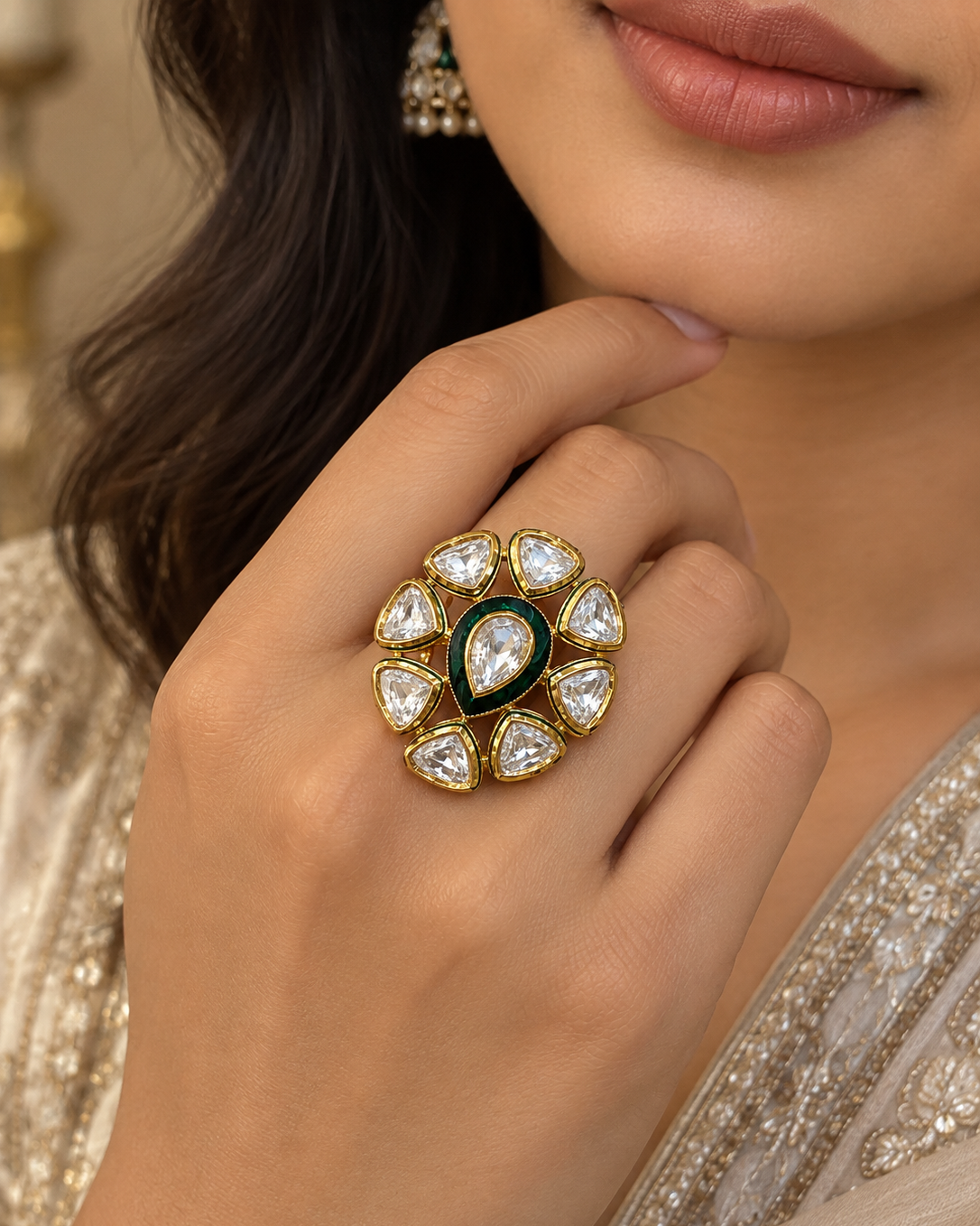 Regal Green Antique Gold Statement Ring