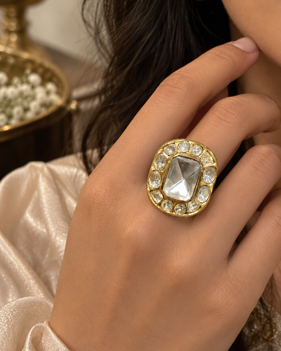 Regal Gold-Tone Statement Ring with Clear Stones