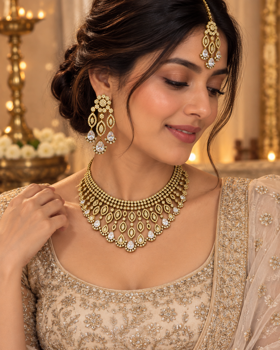 Royal Gold & White American Diamond Bridal Necklace Set