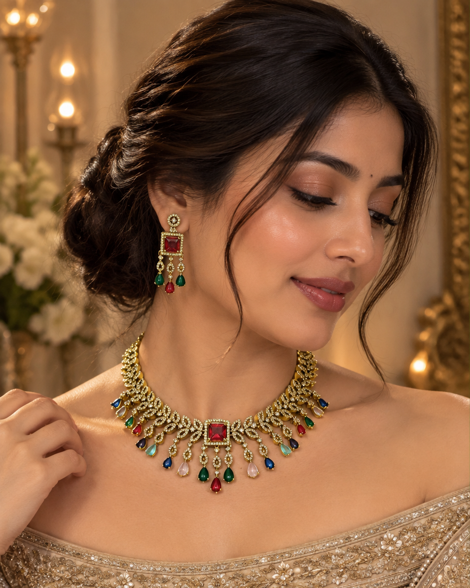 Elegant Gold & White American Diamond Bridal Necklace Set