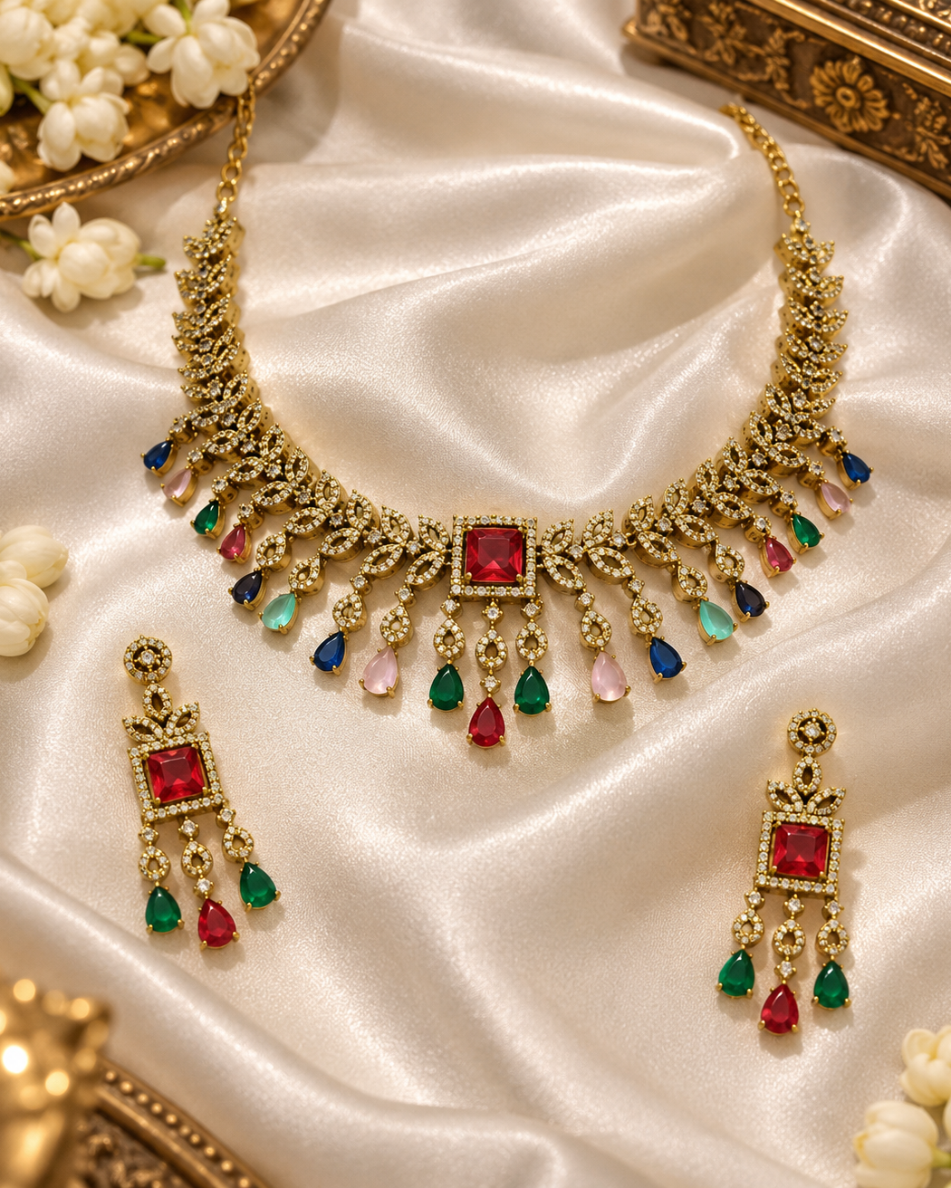 Elegant Gold & White American Diamond Bridal Necklace Set
