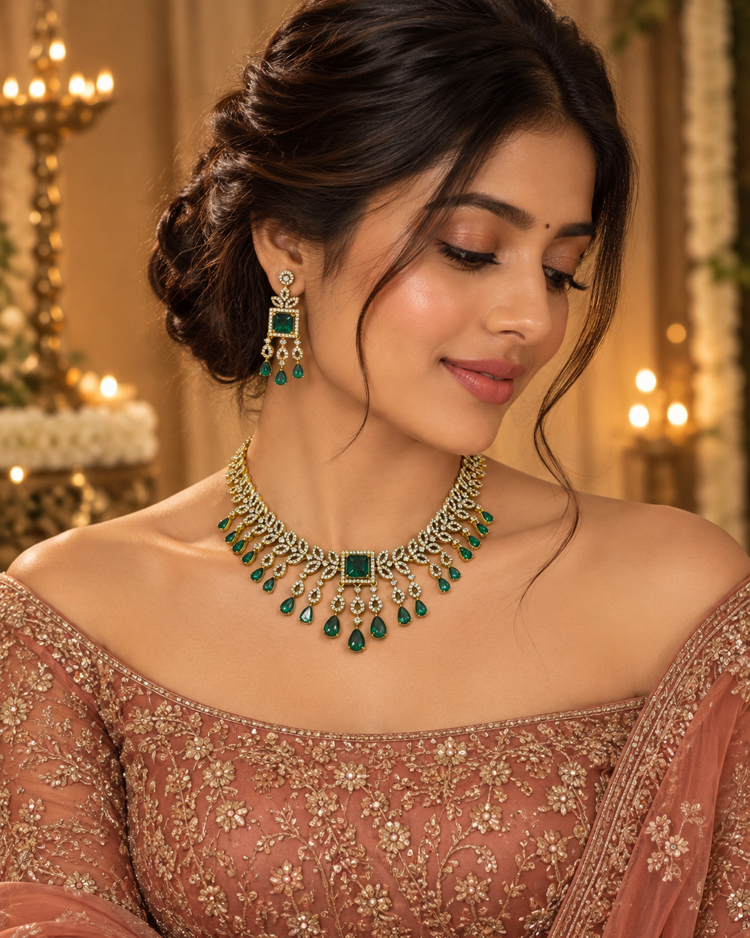 Elegant Gold & Green American Diamond Short Necklace Set