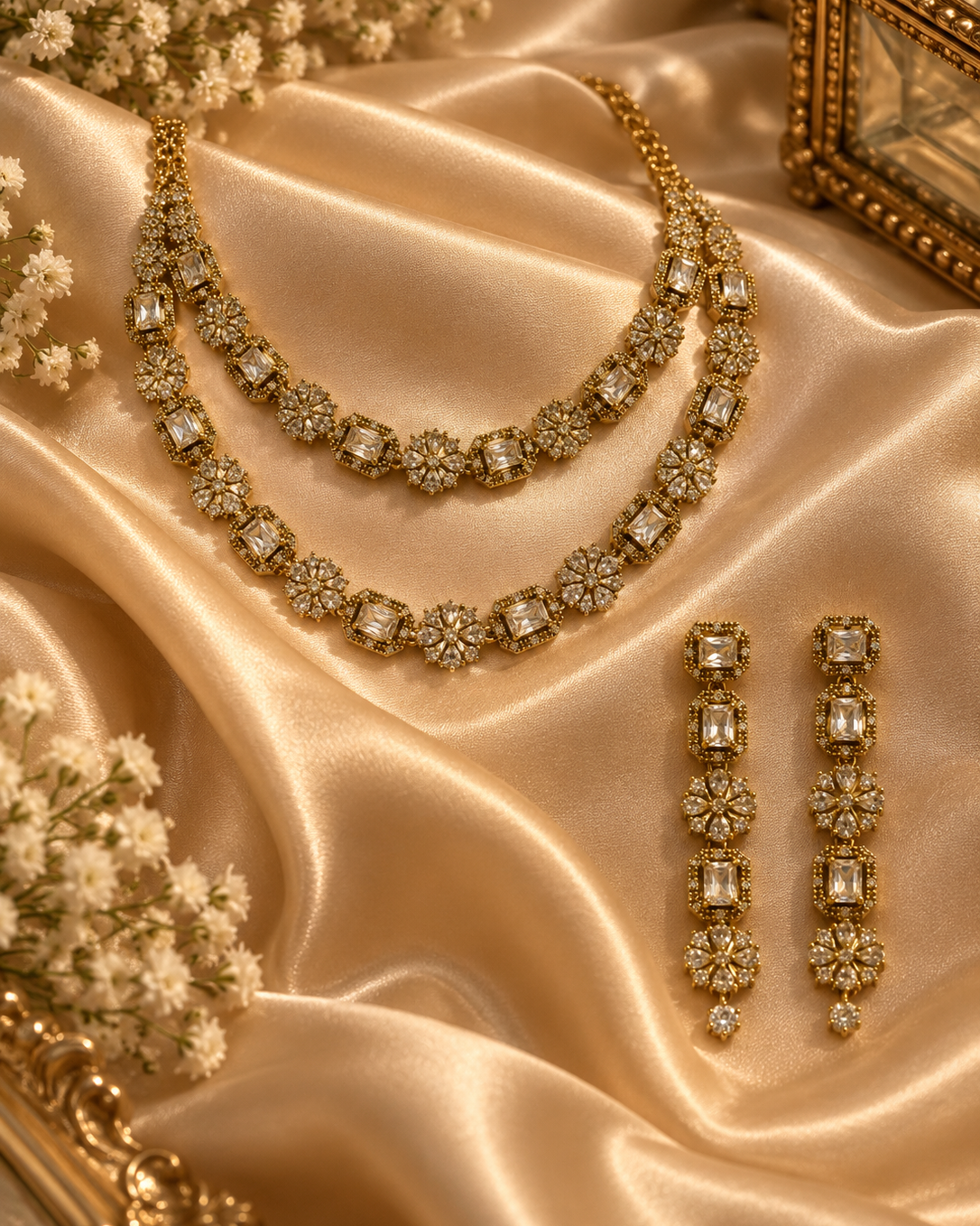 Elegant Antique Gold American Diamond Layered Necklace Set