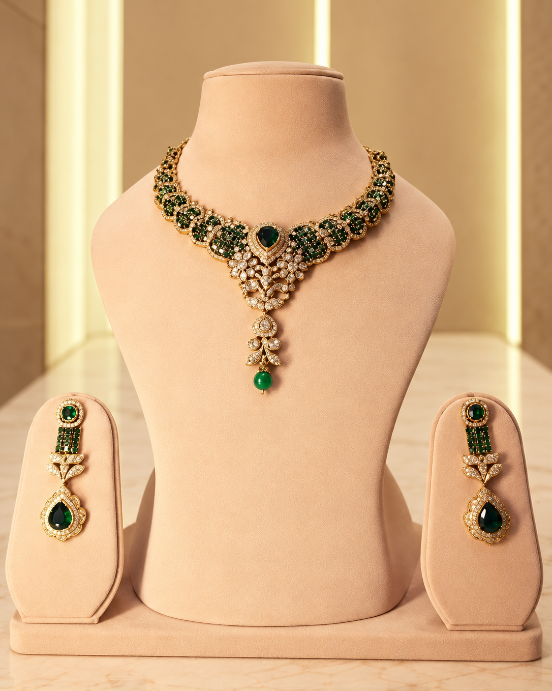 Royal Green & Gold Victorian Statement Necklace Set