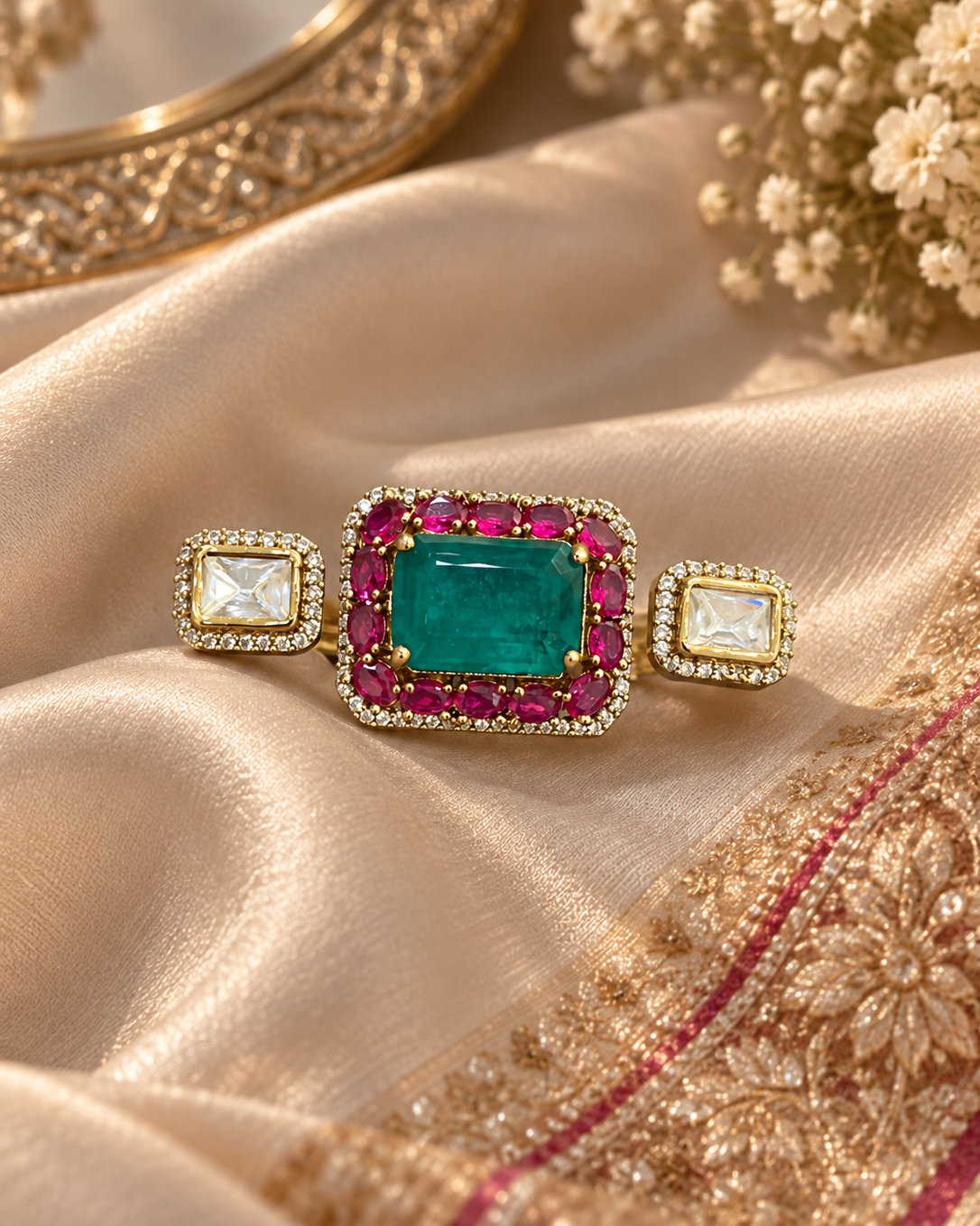 Regal Emerald Green & Pink Statement Ring