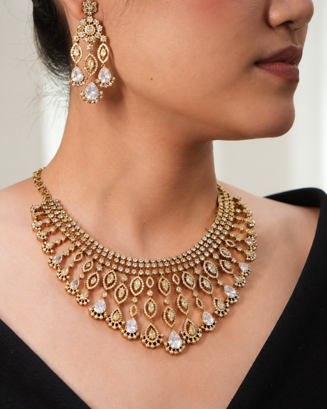Royal Gold & White American Diamond Bridal Necklace Set
