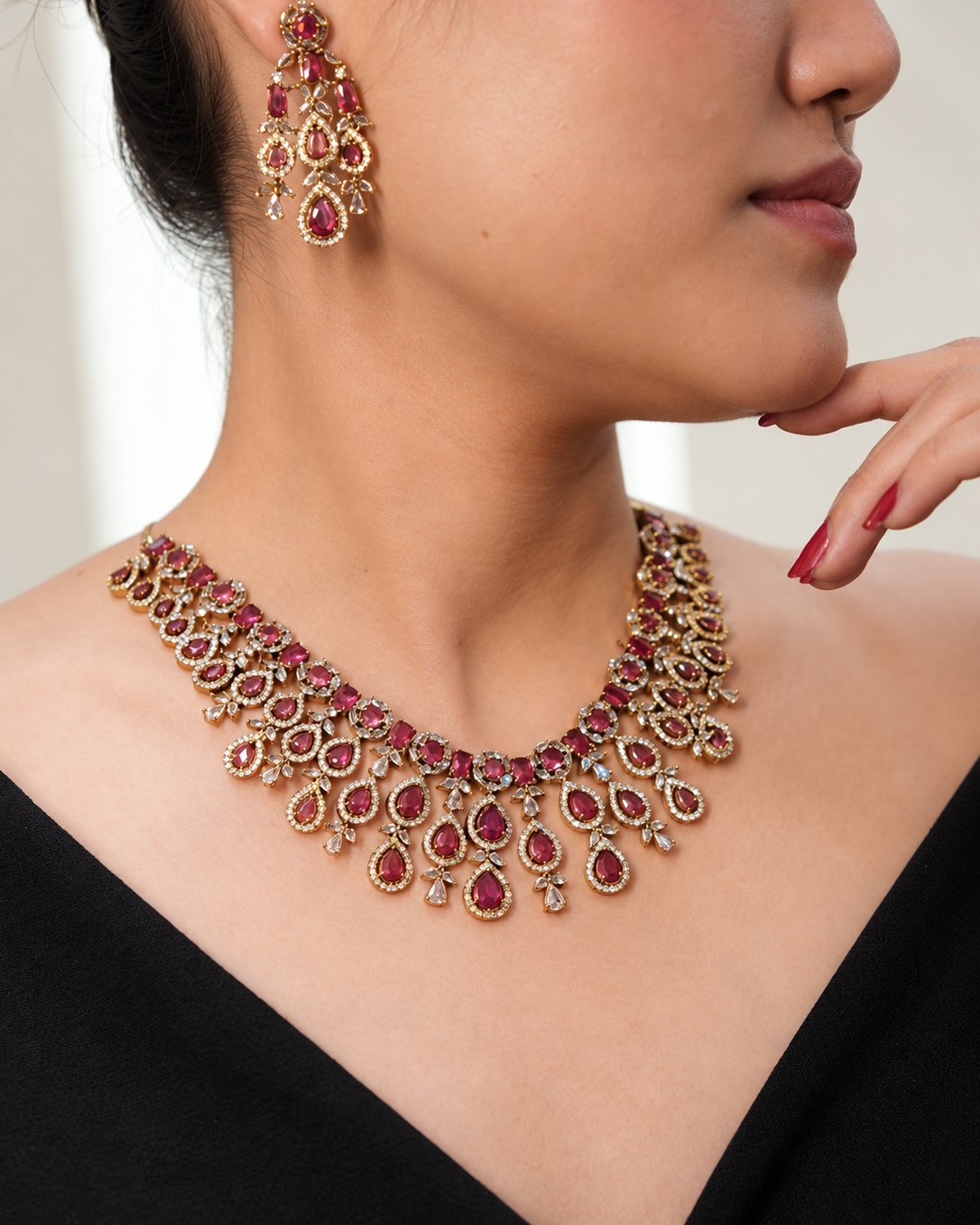 "Short Necklace set American Diamond Bridal Statement, Cocktail Evenings, Gifting Favourites Red