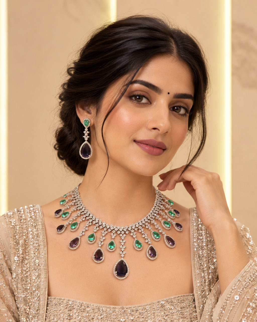 Sapphire Emerald Fringe American Diamond Necklace Set