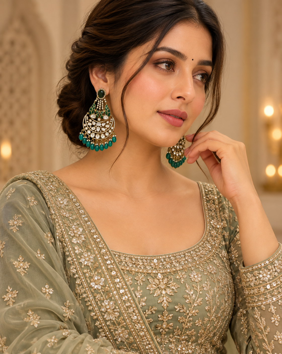 Victorian Green Chandbali Statement Earrings